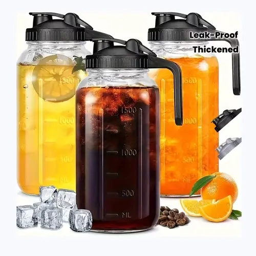 3-piece set of thickened glass coolers (black/grey), 64 oz Mason coffee and tea cups with leak-proof lid, lead-free glass material, breast milk bottle warmer, suitable for refrigerator use, perfect for family gatherings