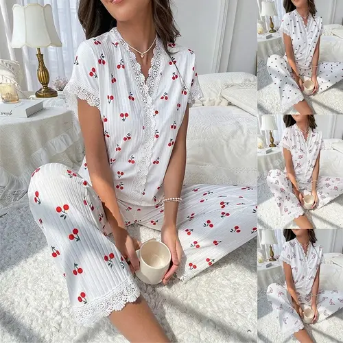 PHEFEE Women's 2-Piece Aesthetic Pajama Set, Short-Sleeve V-Neck Lace Trim Polyester Top, Long Pants Loungewear with Cherry & Butterfly Prints, Cute Soft Pj Sets for Women, Teen Girls