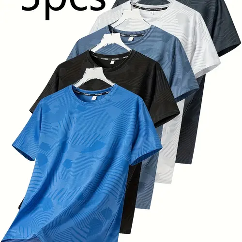 Pack of 5 short-sleeve tops in various colors; breathable, casual fit suitable for fitness and sports; designed for teenage boys/male students; crew neck with a geometric print; stretchy fabric; ideal for outdoor everyday wear.