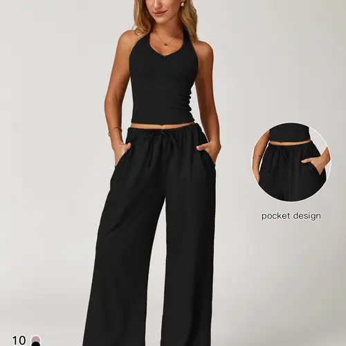 Women's Solid Crop Tank Top & Wide Leg Pants Set, Casual V Neck Sleeveless Top & Trousers for Daily Outdoor Wear, Ladies Sportswear for Summer, Solid Sports Sets, Sports Activewear Set, Fashion Sporty Style Outfits