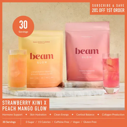 Beam Glow Limited Edition Peach Mango Beauty Dietary Powder Supaplement Superblend Duo-Trio Pack - 30 or 45 Servings (15 Servings per Flavor) Collagen Vitamin Drinks for Women’s Hormone Balance, Skin Care, Hair, Nail Support | Back to School
