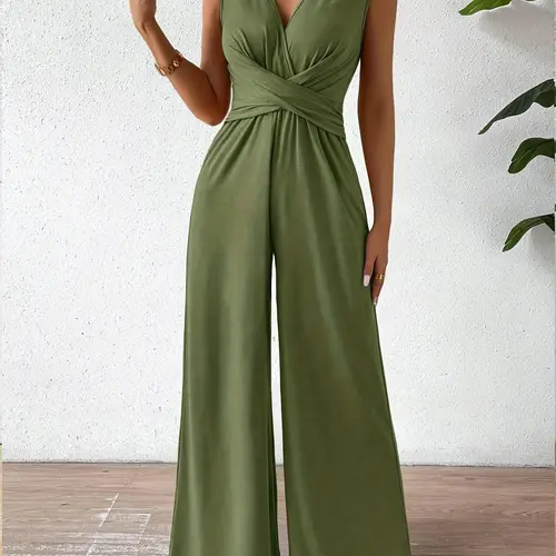 Women's Elegant V-Neck Fitted Jumpsuit with Cross Details, Casual High-Waisted Wide-Leg Sleeveless Style, Ideal for Office & Formal Occasions, Beach Vacation & Travel, Spring & Summer, Simple & Versatile Womenswear, Casual Jumpsuits