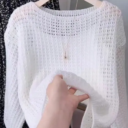 Women's Crochet Knit Top, Knitwear Long Sleeve Hollow Out Transparent Breathable Lightweight Knitting Sweater, Sexy One Shoulder Casual Loose Grid Pullover Beach Cover-Up Boho Bohemian