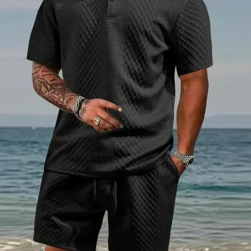 Men's 2-Piece Stylish Plain Tropical Beach-Ready Set - V-Neck Textured Polo Shirt, Short-Sleeve Shorts, Relaxed-Fit Elastane Basics, Casual Preppy Breathable Cool Holiday Menswear