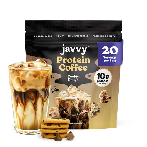 Javvy Cookie Dough Protein Iced Coffee Beverage - Premium Whey Protein, Premium Arabica Cold Brew Instant Mix - 100% Natural, 0 Artificial Flavors & Sweeteners, 80mg Caffeine Per Serving, 20 Servings, Premium Arabica Coffee