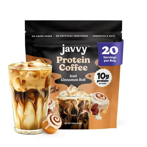 Javvy Iced Cinnamon Roll Protein Iced Coffee - Premium Whey Protein Instant Iced Coffee, 100% Natural Cold Brew, 0 Artificial Flavors & Sweeteners, 80 mg Caffeine, No Added Sugar, 20 Servings