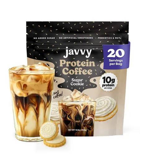 Javvy Sugar Cookie Protein Iced Coffee - Premium Whey Protein & Premium Arabica Instant Cold Brew - 100% Natural, 80 mg Caffeine, 0 Artificial Flavors/Sweeteners, No Added Sugar, 20-Serving Beverage, Premium Arabica Coffee