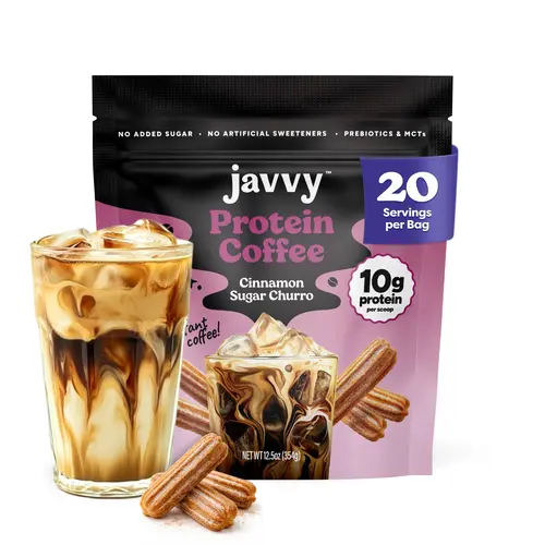 Javvy Cinnamon Sugar Churro High Protein Iced Coffee Beverage - Premium Whey, Gourmet Easy Mix Instant Arabica Coffee, 100% Natural Cold Brew, 0 Artificial Flavors/Sweeteners, 80mg Caffeine, No Added Sugar, 20 Servings