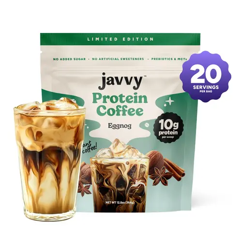 Javvy Eggnog Protein Iced Coffee - Premium Whey Protein & Instant Iced Coffees - 100% Natural Cold Brew - Zero Artificial Flavors & Sweeteners, 80 mg Caffeine Per Serving, 20 Servings