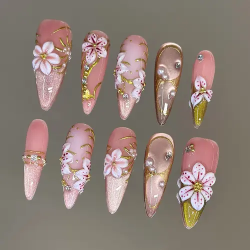 NailVesta CHAMPAGNE BLOSSOM – 100% Handcrafted 3D Press-On Nails | Reusable, Long-Lasting, Salon-Quality black lace nail art nail art Nail Art Decoration Nail Art Decoration