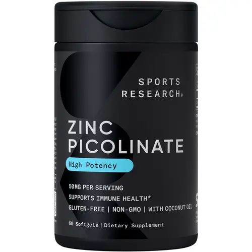 Sports Research Zinc Picolinate -  50mg - with Organic Coconut Oil - Non-GMO Verified, Gluten & Soy Free - 60 Liquid Softgels