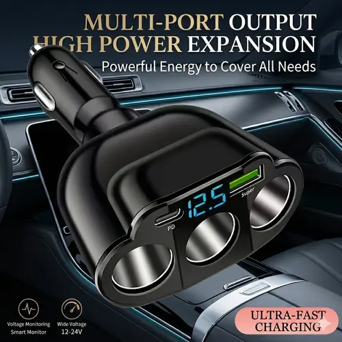 Nuokaiqi 5-in-1 66W Super Fast Car Charging Hub - Multiport Charger with 3 Sockets, Real-Time Voltage Display, Fast Charging Supported Car Plug Adapter for 12V/24V Vehicles, Auto Accessories, High Efficiency Charger