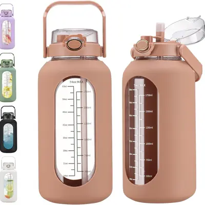 WINSA 74 oz Glass Water Bolttles with Straw Large Motivational Water Bottle with Time Marker Sports Water Bottles with Silicone Sleeve and Handle Lid 2.2L Water Jug for Gym Workout