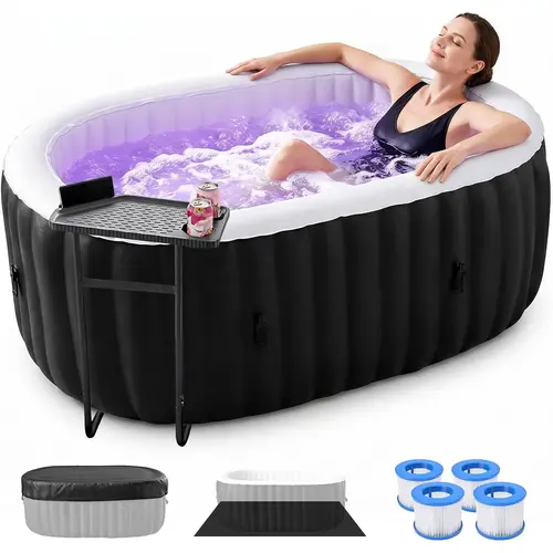 ABORON 1-2 Person Inflatable Hot Tub - 75"X47"X25" Oval Blow Up Hot Tubs with LED Light, 100 Bubble Jets, 1350W Dual Heat Pump, Compact Leak-Resistant Design, Insulated Cover & Side Table for Outdoor Use
