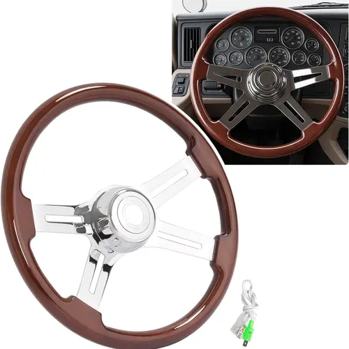 HECASA 18-in Replacement Truck Steering Wheel, 4-Spoke, with Finger Grooves & Silvery Chrome Polish, Black PU Plastic Steel (Woodgrain), Compatible with Freightliner Kenworth Peterbilt Volvo Western Star Mack International, 1 × Steering Wheel