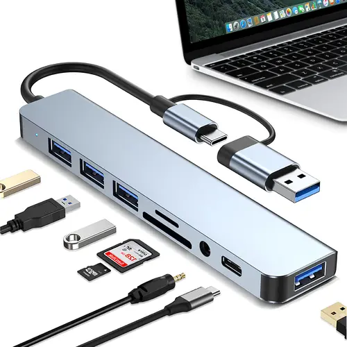8 in 1 USB C Hub 3.0 Multiport Adapter, USB Extender Splitter Dongle with SD Card Reader & Audio Jack, for MacBook Pro Air Laptop PC Tablet