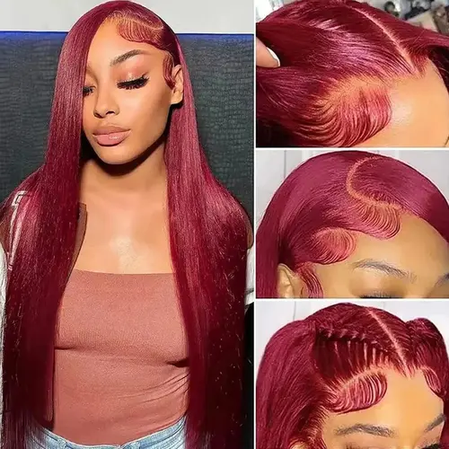 BLING HAIR 99J Burgundy Colored Lace Straight Wig - 180 Density Pre-Plucked Lace Brazilian Virgin Human Hair, Natural Line Front Wig for Female sohochic