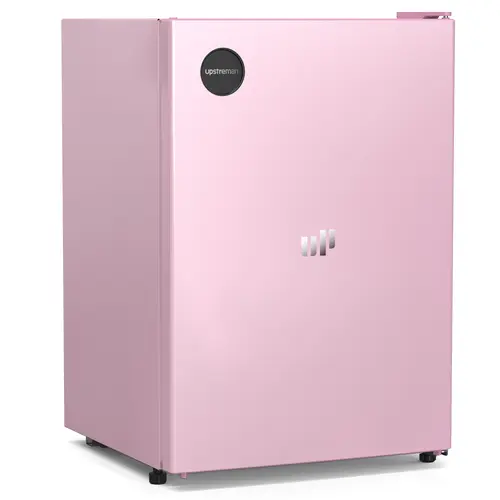 Upstreman 2.5 Cu.Ft Sleek Stainless Steel Upright Countertop Mini Fridge - Energy Star Certified, High-Efficiency, Multi-Temperature Adjustable Thermostat, Reversible Door Fit, Auto Light, Pink Beverage Cooler with Freezer for Bedroom Small Spaces, Dorm