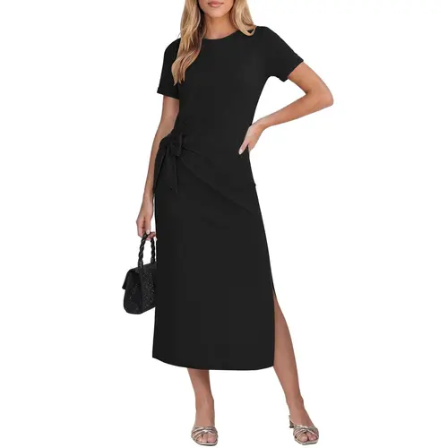 GRAPENT French Minimalist Chic Midi Dress | Cotton Blend T-Shirt Dress with Side Split & Self Tie Waist | Effortless Elegant Summer Vacation Outfit for Women summervibes, Shortsleeve, Elegant Dresses For Women