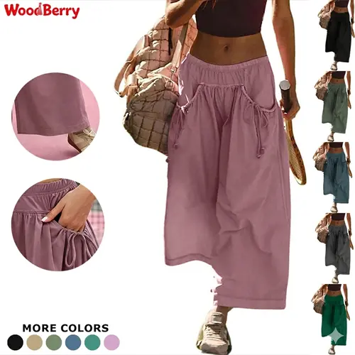 WoodBerry Women's Baggy Parachute Capri Pants with Drawstring Waist and Pockets, Lightweight Wide-Leg Trousers for Casual Outdoors,back to school shopping, Casual Fashion Trousers