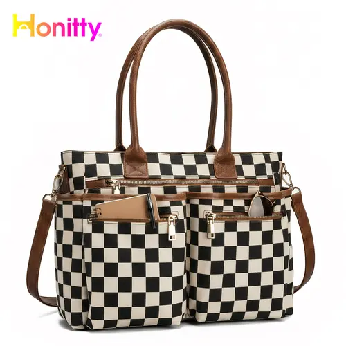 HONITTY Women's Checkerboard Pattern Zipper Crossbody Tote Bag - Large Capacity Multi-Pocket, Adjustable Strap, Slip On, Safe Fabric Handbag for Daily Use, Everyday Purse, Fashionable Shopping Bag