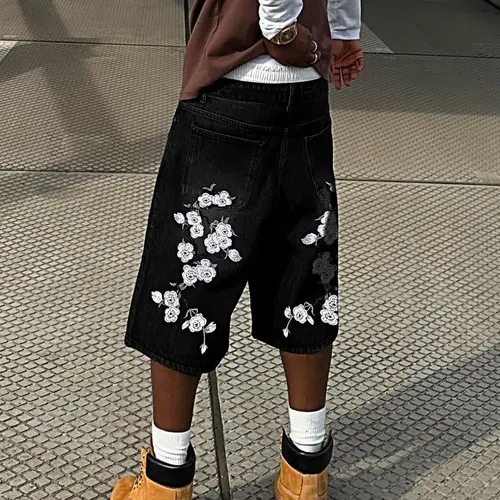 Men's Loose Fit Hip-Hop Casual Denim Shorts, Embroidered Denim Shorts, Vintage Washed Denim Shorts, Ideal for Outdoor Activities