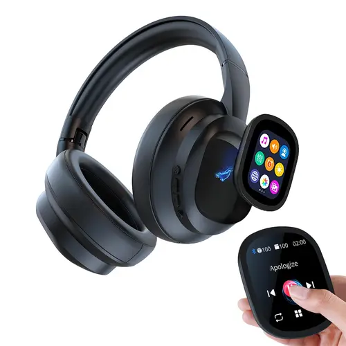 Headphones with a screen, 100-hour b.attery life, wireless Bluetooth over-ear design, built-in microphone, powerful bass, and fast charging