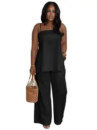 USBOUTIQUE CHIC Women's Elegant Two Piece Outfit Spaghetti Strap Square Neck Camisole Top & High Waist Wide Leg Pants Casual Everyday Curvy-Friendly