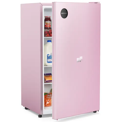 Upstreman 3.2 Cu.Ft Energy Star Certified Blush Pink Compact Stainless Steel Mini Fridge - Energy Saver, R-600a, 60Hz, Thermostat, Reversible Door, 3 Glass Shelves, Foot Pad - for Back to School Haul, Bedroom, Office - CR32