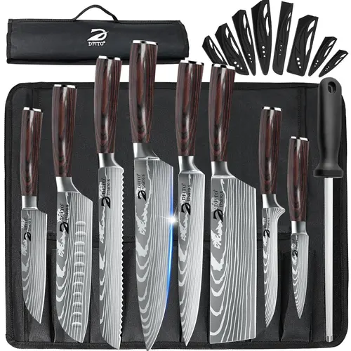 MDHAND Professional 9-Piece High Carbon Stainless Steel Japanese Retro Blade Kitchen Set - Sharp, Less Hand Fatigue Cooking Tools with Roll Bag #DealsForYouDays, Knives Kitchen Set
