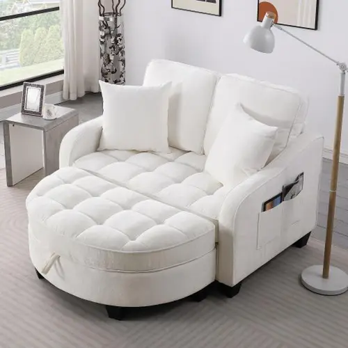 Niccae 2-Seat Upholstered Sofa Couch - 2Packs Shipped, Double Sofa Chaise Longue with Irregular Armrests, Backrests, Storage Footrest & 2 Small Throw Pillows, Indoor Furniture for Living Room, Bedroom, 2 Seat Living Room Furniture