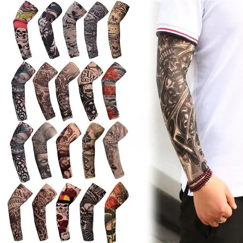 10 Pieces Arm Cooling Cover Temporary Tattoo Protective Sleeves - UPF UV Protection, Nylon Spandex, Cool Tattoo Look, Flexibility, All Seasons Outdoor Sports Accessory for Cycling