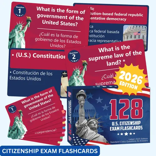 128 Bilingual Flash Cards 2026 - English-Spanish U.S. Citizenship Civics Test Prep, Color-Coded by Topic, Front-Back System, Daily Study, Easy Review, Quick Self-Testing for Naturalization Interview Beginners, Flashcards