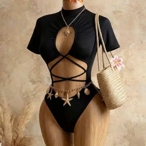 Elegant Dark-Hued One-Piece, Flattering Silhouette, Half High Neck Short Sleeve Design, Cross-Bound Hollow-Out Detail, Perfect for Parties & Dates