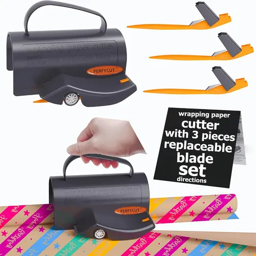 PERFICUT Office Wrapping Paper Cutter - Office Cutting Supply with 3 Replaceable Alloy Blade Sets, Patented Wheel, Safety Blade, Rotating Safety Design, Fits All Roll Sizes for Christmas, Gift Wrappers