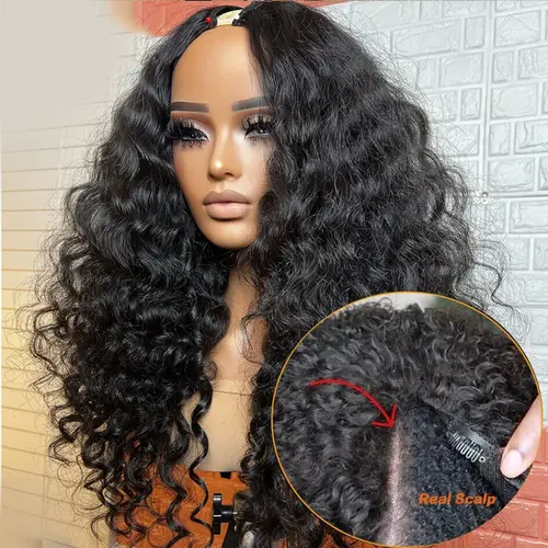 BLING HAIR Women's Glueless V-Part Human Hair Wig - 180 Density Brazilian Deep Wavy, Curly, Body Wave Wig, Drawstring No Leave Out, Beginner Friendly, Sohochic, Deep Wavy Hair