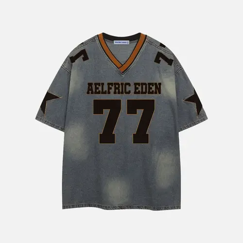 Aelfric Eden Men's Oversized V-Neck Cotton Denim Tshirt - Short Sleeve, 77 Number Star Print, Retro Washed, Casual Graphic Tee, Vintage Street Style Menswear Top,summerwins,father'sdaygifts