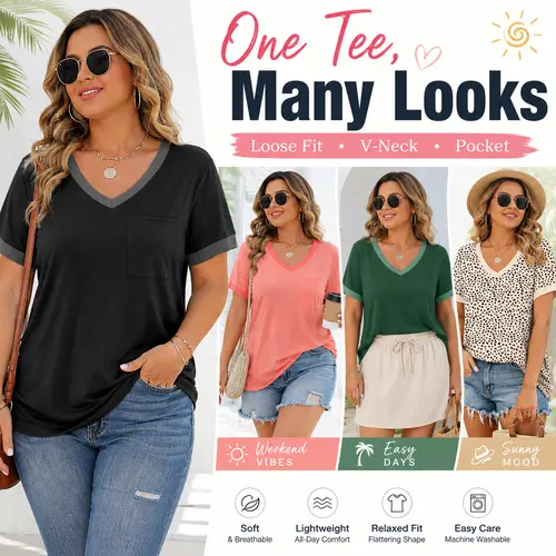 On Sale - OFEEFAN Womens T Shirts Short Sleeve V Neck Loose Casual Summer Tops with Pocket Womenswear Vneck