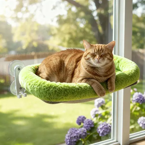 Cordless Folding Nylon Mesh Cat Hammock Bed for Window - Robust Metal Frame, Strong Suction Cups, Machine Washable Cover, Single-Side Folding Design, Single Unit, Easy Installation, Neck Support, Indoor Sunbath Perch for Small Cats, Hook Design