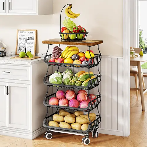 Fruit Basket for Kitchen with Wood Top 5 Tier, Stackable Fruit and Vegetable Storage Cart, Wire Storage Basket with Wheels, Vegetable Basket Bins Rack for Onions and Potatoes