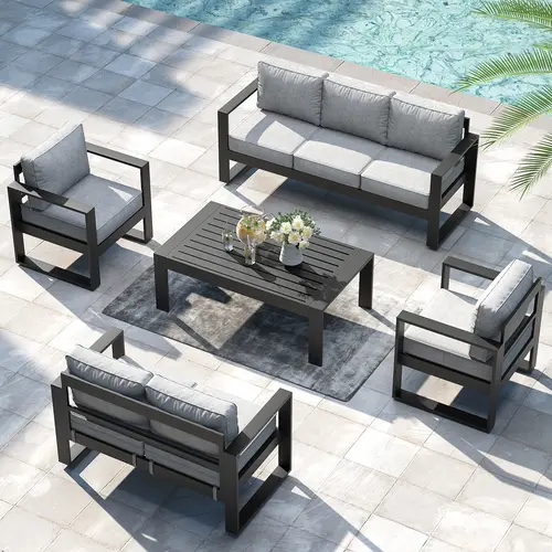 LayinSun High-Strength Rust-Proof Aluminum Frame Outdoor Furniture Set, Modern Conversation Sofa Set with Fade-Resist Olefin Washable Thick Cushions, Stable Non-Slip Base & Coffee Table for Back Porch, Backyard (3/4 Packages Shipping)