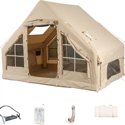 Inflatable Camping Tents with Hand Pump 4 Seasons Oxford Cabin Tent Waterproof Windproof 4-6 Person Glamping Tents Easy Setup with Mesh Chimney Window