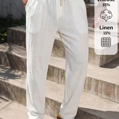 Men's Casual Linen Pants Solid Color Loose Fit Elastic Drawstring Waist Straight Legs Bottoms Summer Lighweight Breathable and Soft Yoga Beach Long Pants with Pockets Wedding Partise Vacation Daily Going Out Dating Club Lounge Wear, White, Casual Trousers