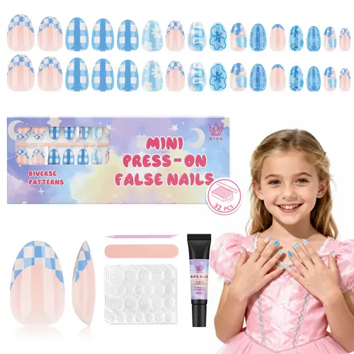 16 Sizes 128 Pieces Press on Nails for Kids, 4 pack Kids Nail Kit Colorful Flower Almond Fake Nail Tips for Girls 8-12 Years Old with Jelly Nail Adhesives & Nail Glue Birthday Holiday Gifts Safe Instant Joy
