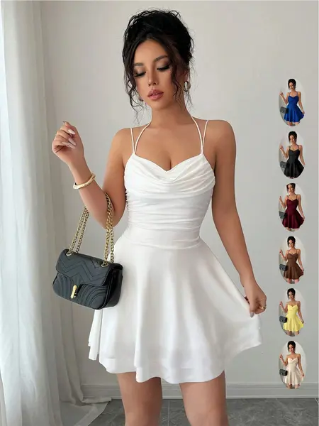 French Style Sexy Slim-Fitting Ruched Dress, Chic Solid Color Backless Party Dress, Perfect for Graduation Season, Women's Elegant Clothing, Formal Wear, Womenswear, Elegant Party Apparel, Dresses for Party
