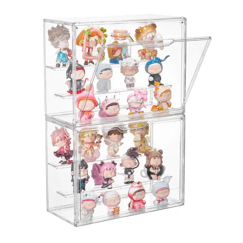 【Video Only】Vtopmart 2/4 Pack Clear Acrylic Display Case for Collectibles, Plastic Storage Bins with 2 Adjustable Divider and Magnetic Door, Stackable Display Box for Figures Showcase Resin Animal Sculptures