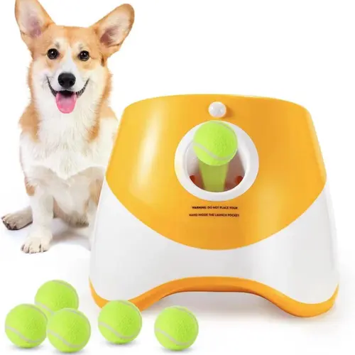 Dog Automatic Ball Launcher - Auto Launch, PVC Material, 3 Distances, 2200mAh Li-ion Battery, 3 Tennis Balls Included, Supervised Use, Indoor/Outdoor Interactive Indoor Training Toy for Small-Medium Dogs, Indoor Training Ball
