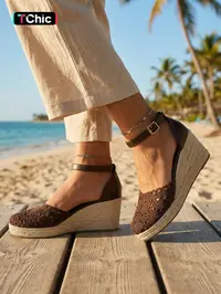 Women's Crochet Lace Straw Wedge Sandals, Breathable Textile Upper, Adjustable Anklet Strap, Comfortable Thick Sole, Summer Beach Shoes