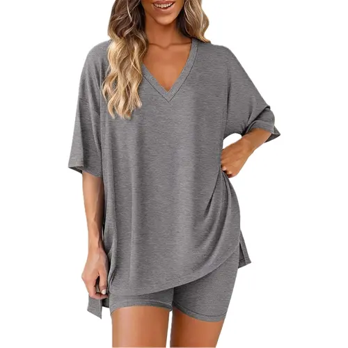 PHEFEE Women's 2-Piece Light Chic Tracksuit, Oversized V-Neck Short Sleeve Stretchy T-Shirt & Biker Shorts, Casual Summer Activewear Outfits