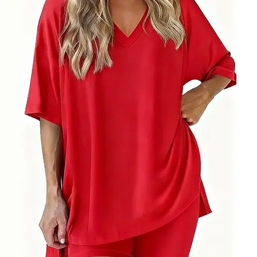 PHEFEE Women's 2-Piece Oversized Lightweight Summer Athleisure Set - Slouchy V-Neck Tunic T-Shirt, High-Waisted Elastic Drape Biker Shorts Co-Ord Outfit, Co Ord Set